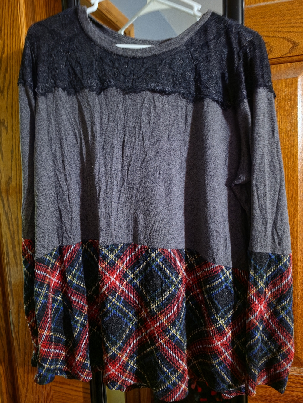 Maurices Gray Top with Black Lace Yoke and Red Plaid Hem